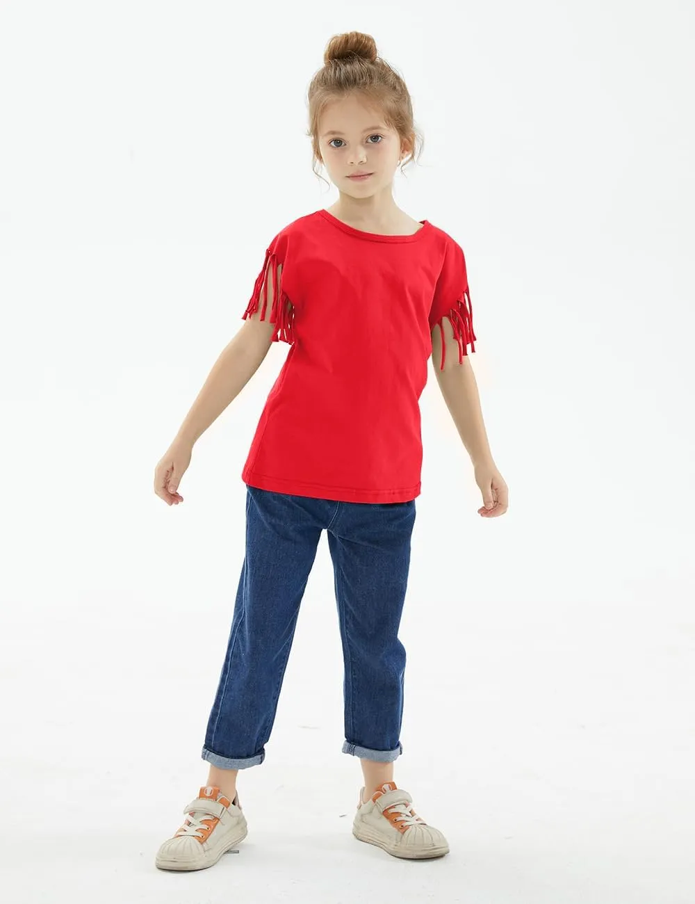 Noomelfish Girls Fringe Sleeve T-Shirts Tassel Casual Summer Tee Tops (5-12 Years)