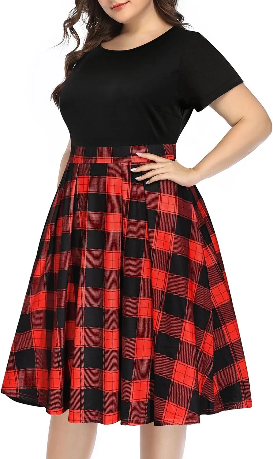 Pinup Fashion Plus Size Work Dress-Church Business Casual Short Sleeve A-Line Dress with Pockets