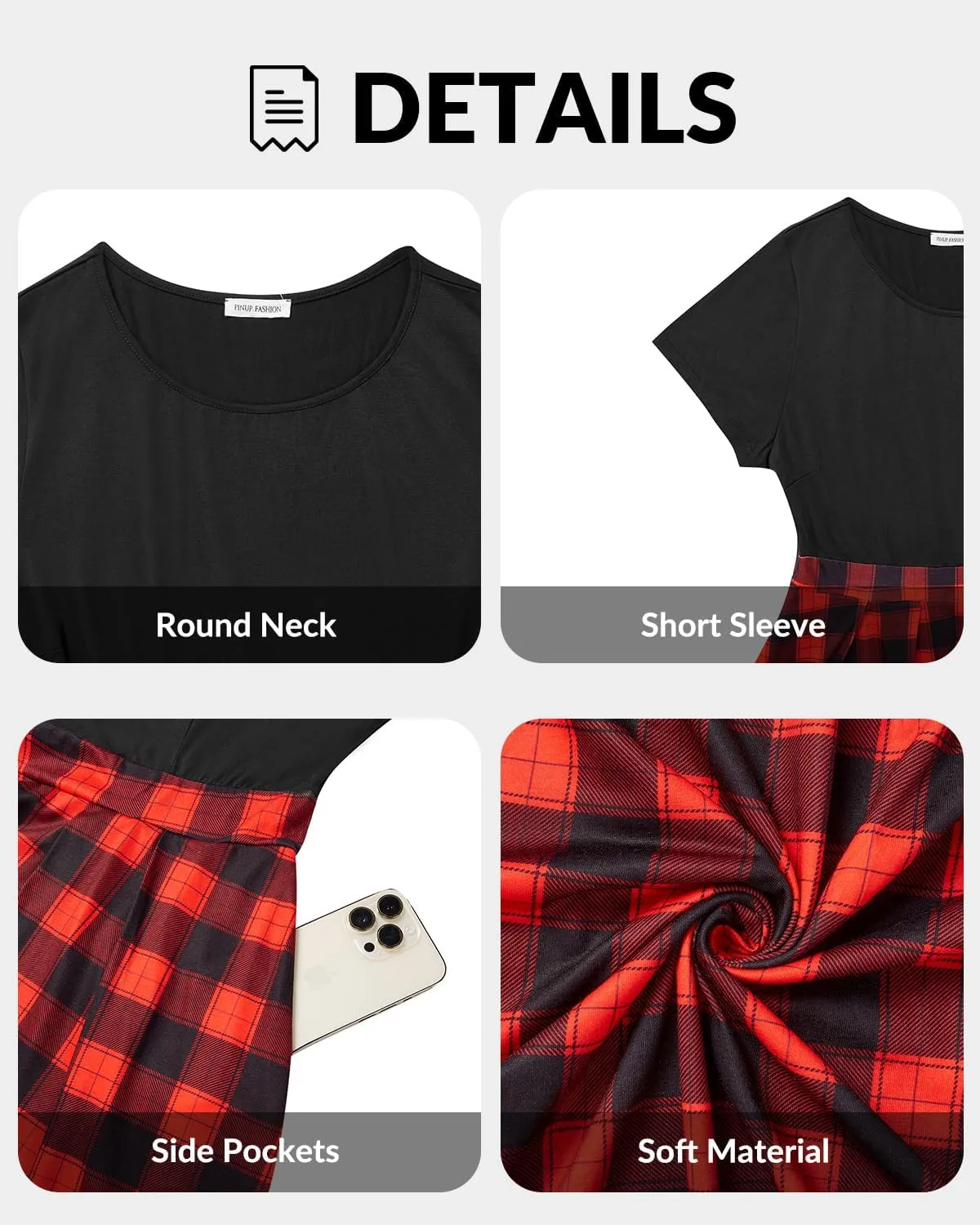 Pinup Fashion Plus Size Work Dress-Church Business Casual Short Sleeve A-Line Dress with Pockets