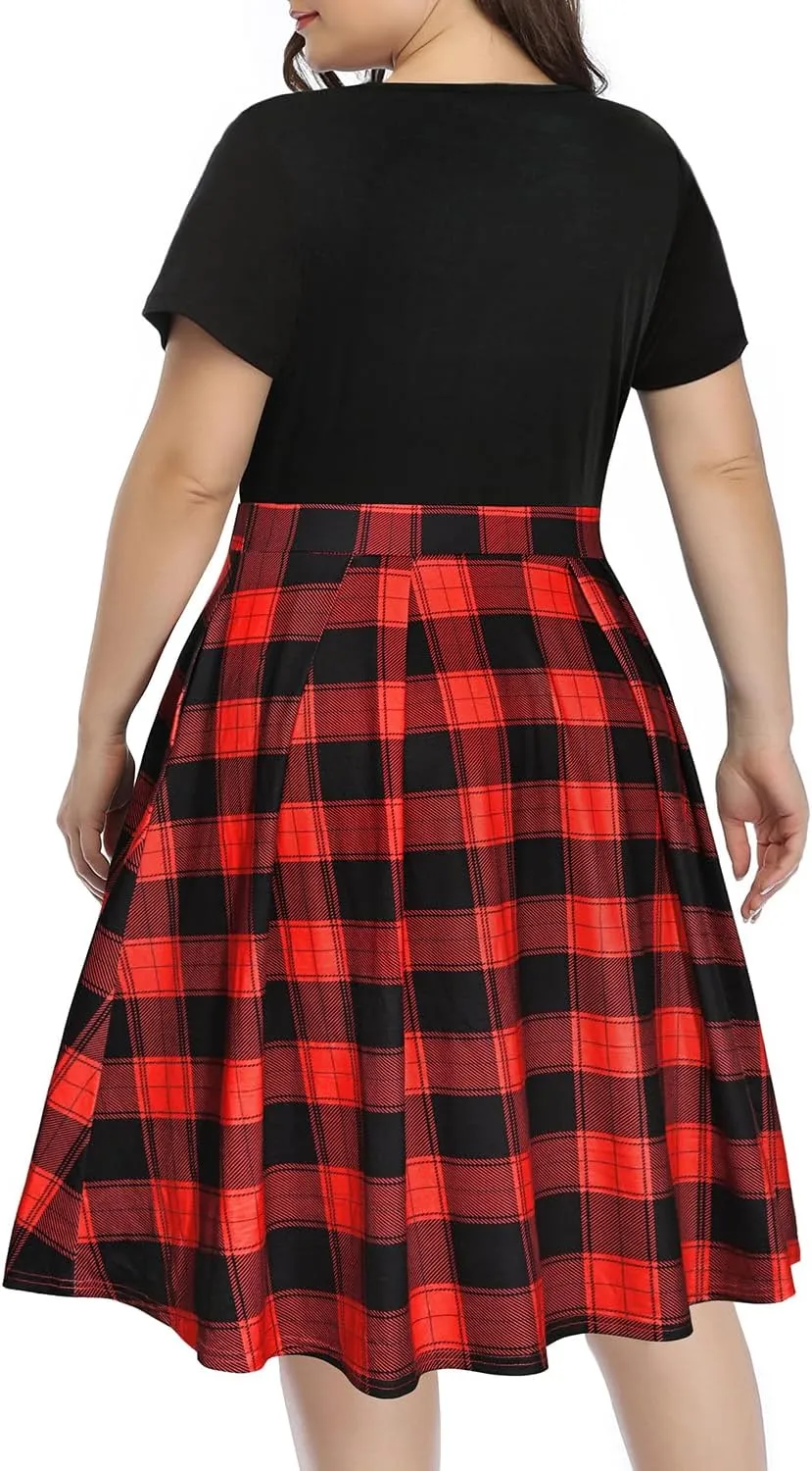 Pinup Fashion Plus Size Work Dress-Church Business Casual Short Sleeve A-Line Dress with Pockets