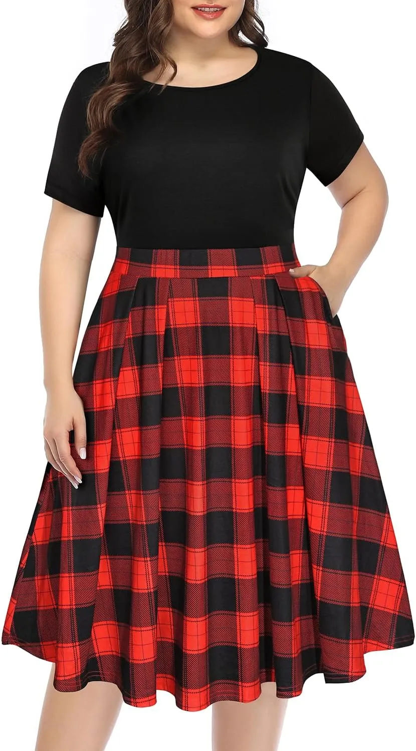 Pinup Fashion Plus Size Work Dress-Church Business Casual Short Sleeve A-Line Dress with Pockets