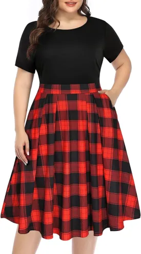 Pinup Fashion Plus Size Work Dress-Church Business Casual Short Sleeve A-Line Dress with Pockets