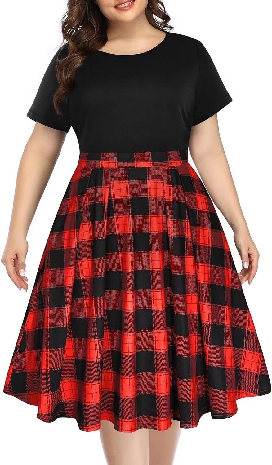 Pinup Fashion Plus Size Work Dress-Church Business Casual Short Sleeve A-Line Dress with Pockets