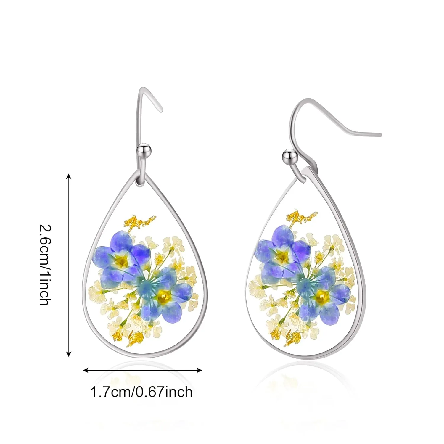 Pressed Flower Earrings,Handmade Forget-Me-Not and Queen Anne's Lace Pressed Wildflower Earrings,Unique Resin Drop Dangle Plant Earrings,Ideal for your birthday party, Christmas, Gift-giving(Silver)