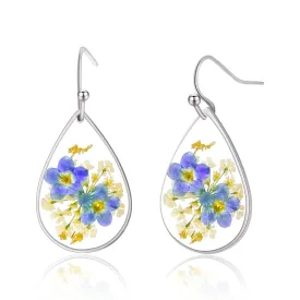 Pressed Flower Earrings,Handmade Forget-Me-Not and Queen Anne's Lace Pressed Wildflower Earrings,Unique Resin Drop Dangle Plant Earrings,Ideal for your birthday party, Christmas, Gift-giving(Silver)
