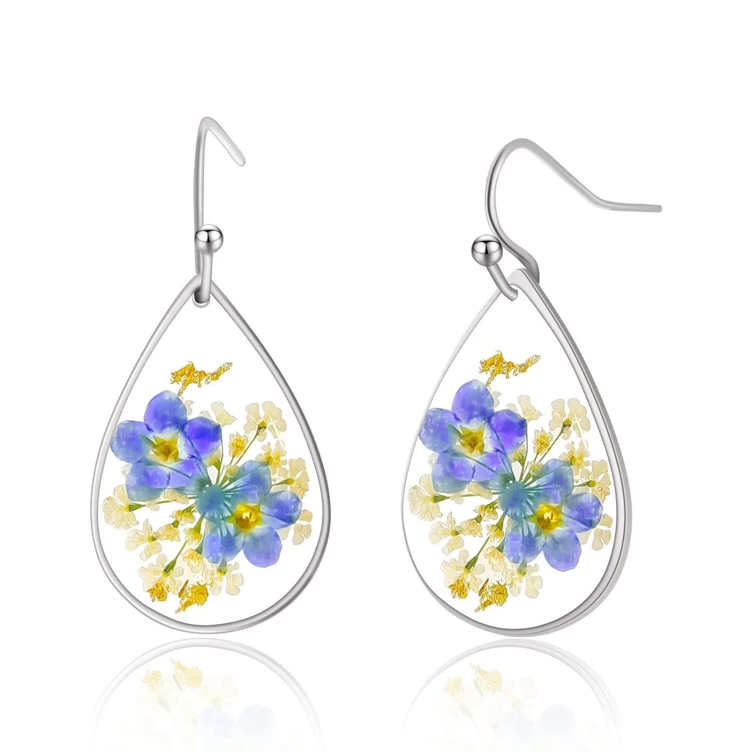 Pressed Flower Earrings,Handmade Forget-Me-Not and Queen Anne's Lace Pressed Wildflower Earrings,Unique Resin Drop Dangle Plant Earrings,Ideal for your birthday party, Christmas, Gift-giving(Silver)