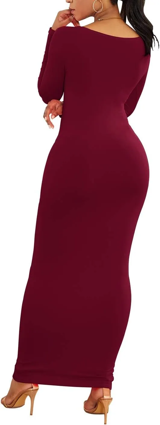 PRIMODA Women's Turtleneck Long Sleeve Bodycon Maxi Dress Casual Long Dress
