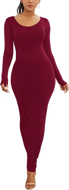 PRIMODA Women's Turtleneck Long Sleeve Bodycon Maxi Dress Casual Long Dress