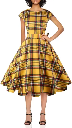 PUKAVT Women's 1950 Boatneck Cap Sleeve Vintage Swing Cocktail Party Dress with Pockets