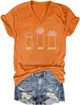 Rock Paper Scissors Cat Paw Print Funny Cat Shirts for Women Graphic Tees