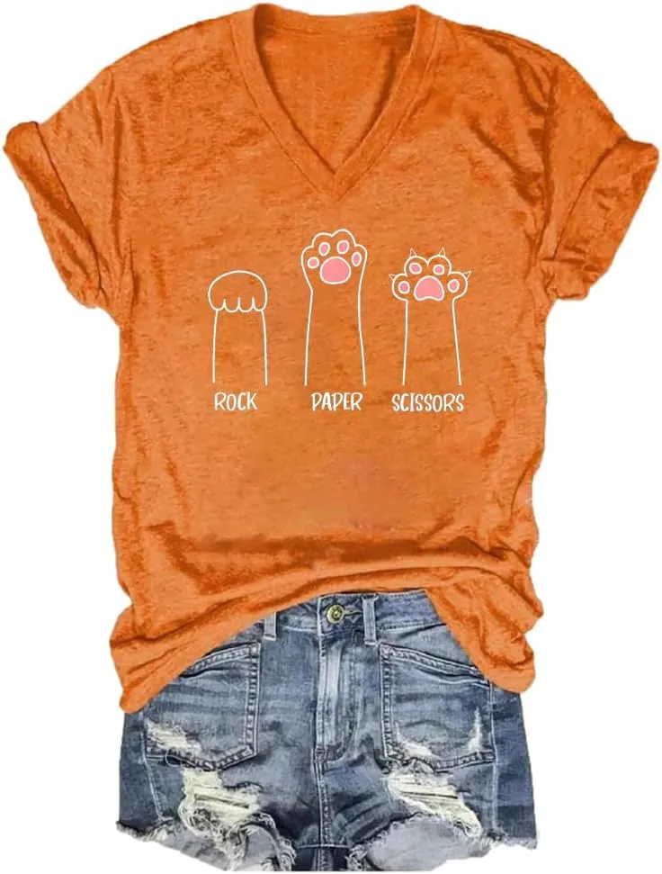 Rock Paper Scissors Cat Paw Print Funny Cat Shirts for Women Graphic Tees
