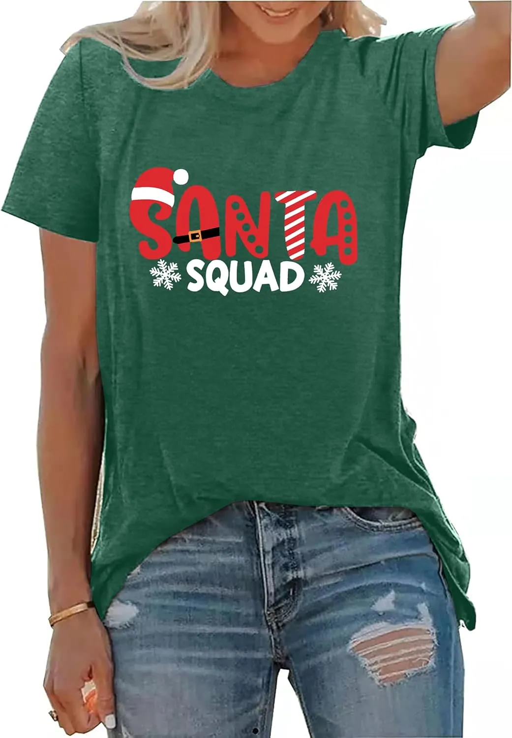 Santa Squad Christmas Shirts for Women Xmas Holiday Printed T-Shirts Family Matching Christmas Short Sleeve Blouse Tops