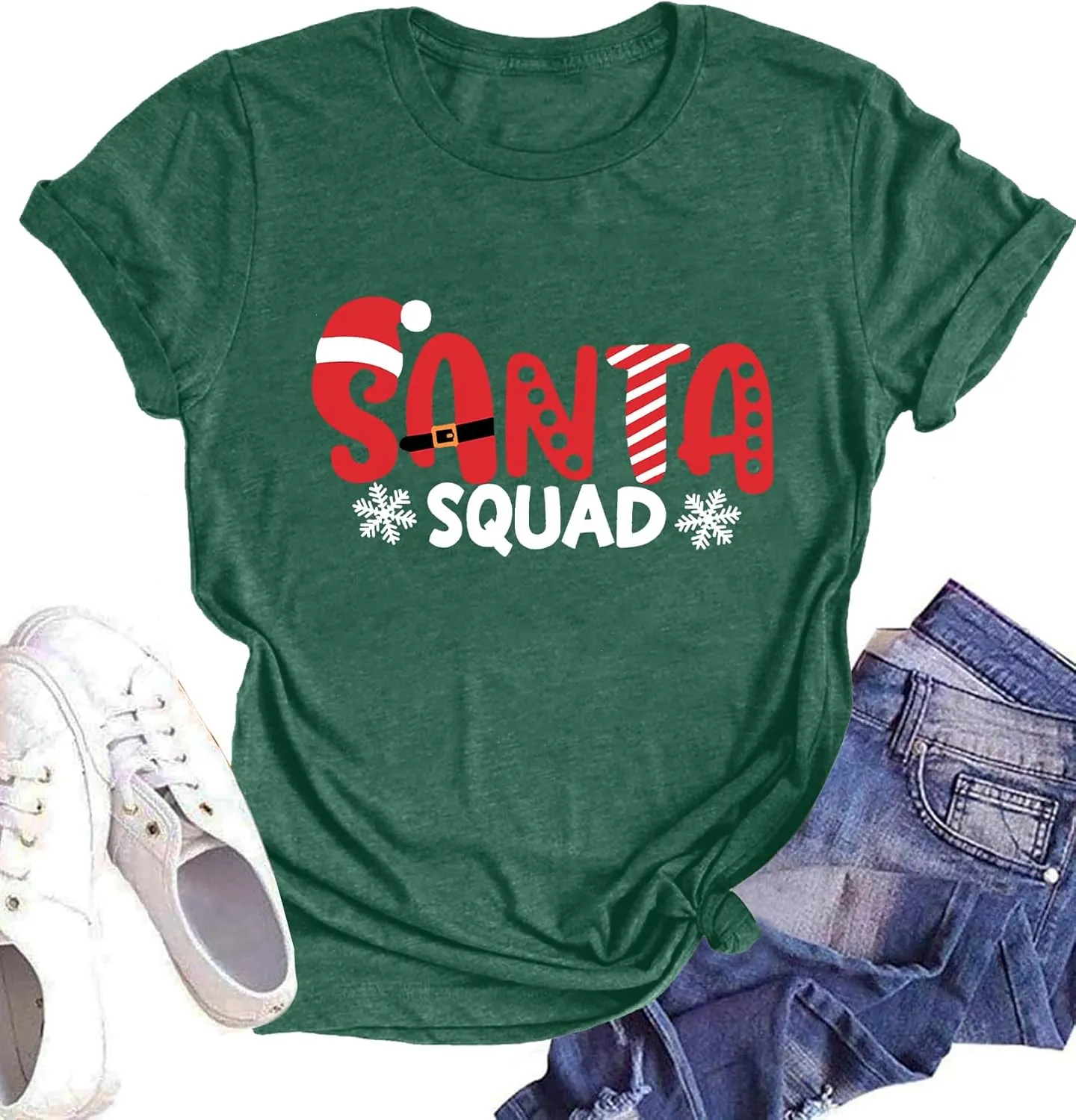 Santa Squad Christmas Shirts for Women Xmas Holiday Printed T-Shirts Family Matching Christmas Short Sleeve Blouse Tops
