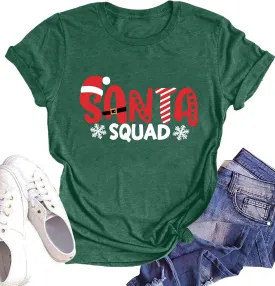 Santa Squad Christmas Shirts for Women Xmas Holiday Printed T-Shirts Family Matching Christmas Short Sleeve Blouse Tops