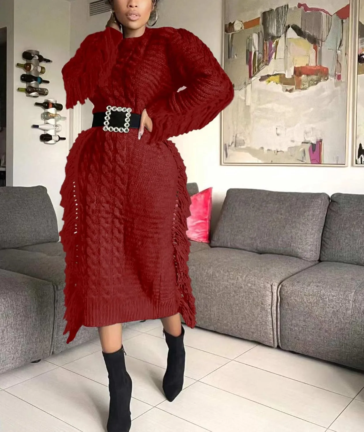 Sexyshine Women's Cable Knit Fringe Sweater Dress Long Sleeve Round Neck Tassel Trim A Line Midi Sweater Dresses