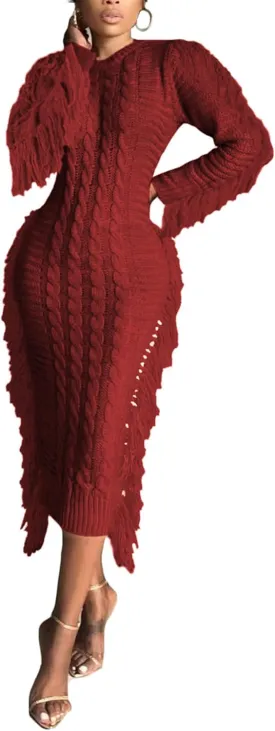 Sexyshine Women's Cable Knit Fringe Sweater Dress Long Sleeve Round Neck Tassel Trim A Line Midi Sweater Dresses