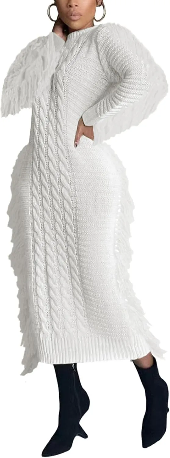 Sexyshine Women's Cable Knit Fringe Sweater Dress Long Sleeve Round Neck Tassel Trim A Line Midi Sweater Dresses