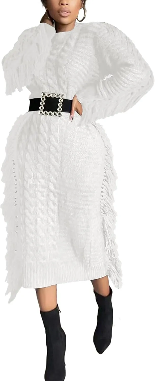 Sexyshine Women's Cable Knit Fringe Sweater Dress Long Sleeve Round Neck Tassel Trim A Line Midi Sweater Dresses