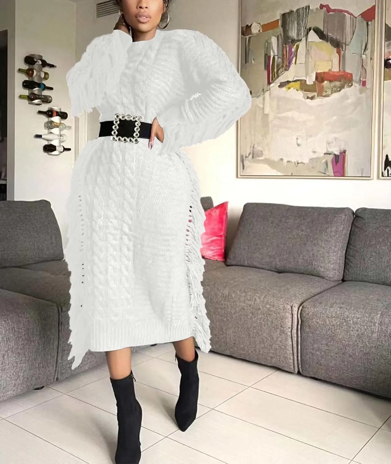 Sexyshine Women's Cable Knit Fringe Sweater Dress Long Sleeve Round Neck Tassel Trim A Line Midi Sweater Dresses