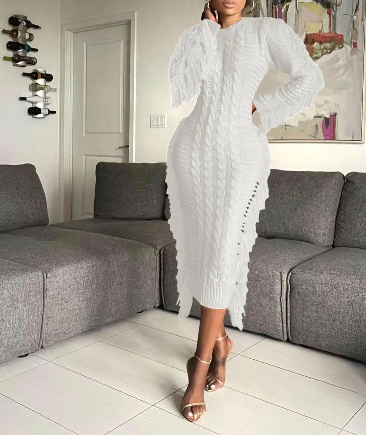 Sexyshine Women's Cable Knit Fringe Sweater Dress Long Sleeve Round Neck Tassel Trim A Line Midi Sweater Dresses