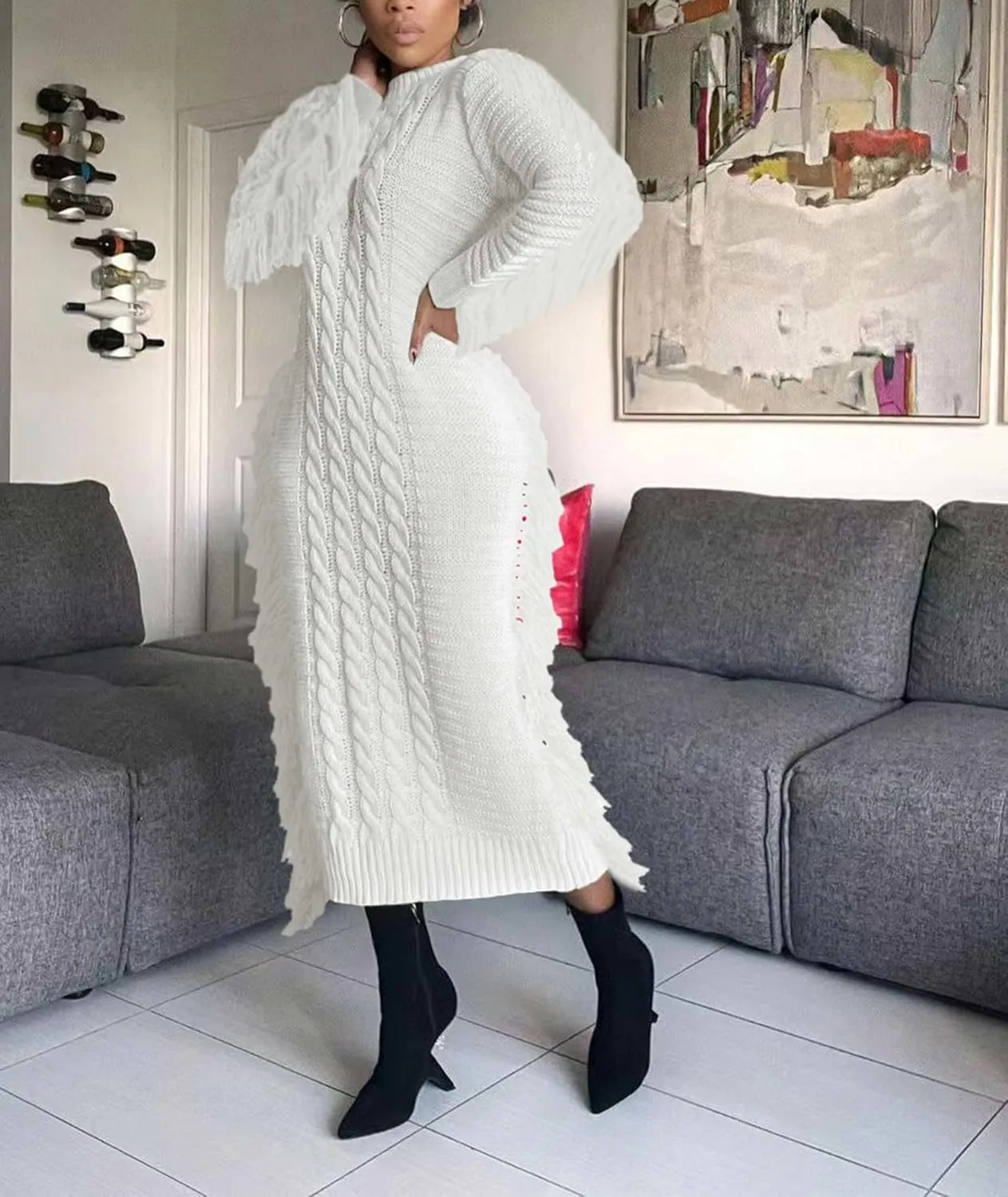 Sexyshine Women's Cable Knit Fringe Sweater Dress Long Sleeve Round Neck Tassel Trim A Line Midi Sweater Dresses