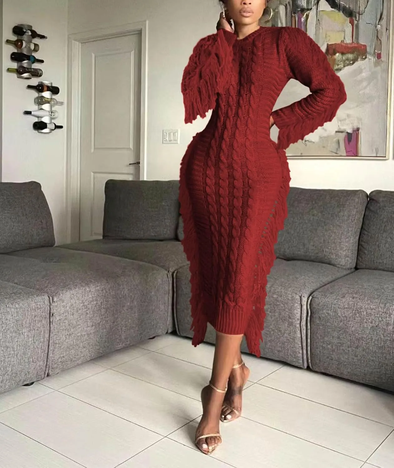 Sexyshine Women's Cable Knit Fringe Sweater Dress Long Sleeve Round Neck Tassel Trim A Line Midi Sweater Dresses