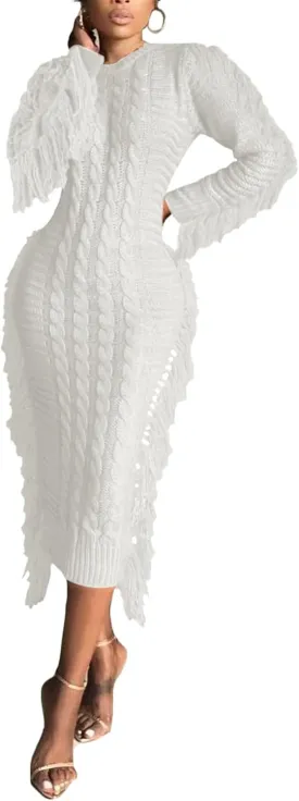 Sexyshine Women's Cable Knit Fringe Sweater Dress Long Sleeve Round Neck Tassel Trim A Line Midi Sweater Dresses