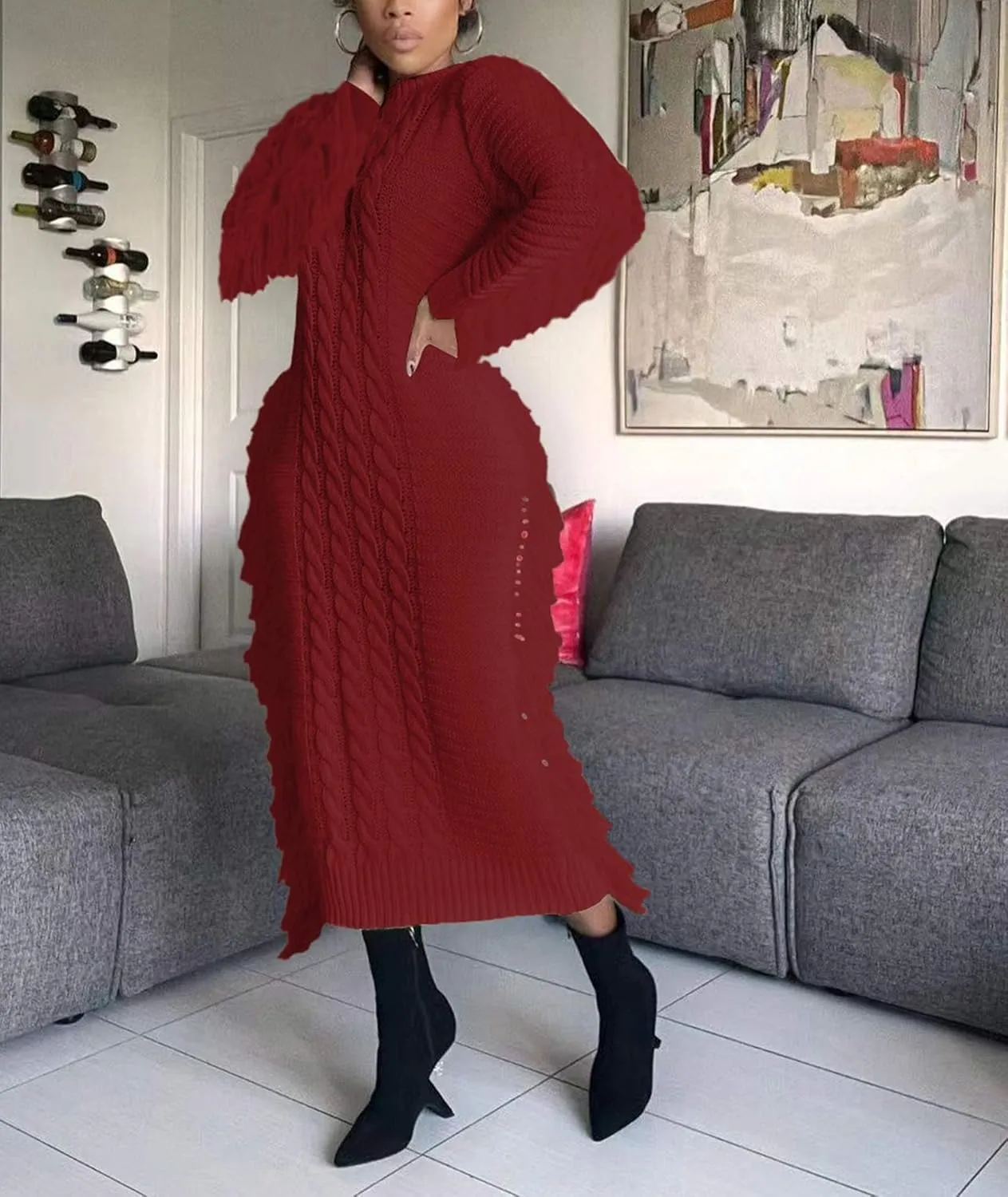 Sexyshine Women's Cable Knit Fringe Sweater Dress Long Sleeve Round Neck Tassel Trim A Line Midi Sweater Dresses