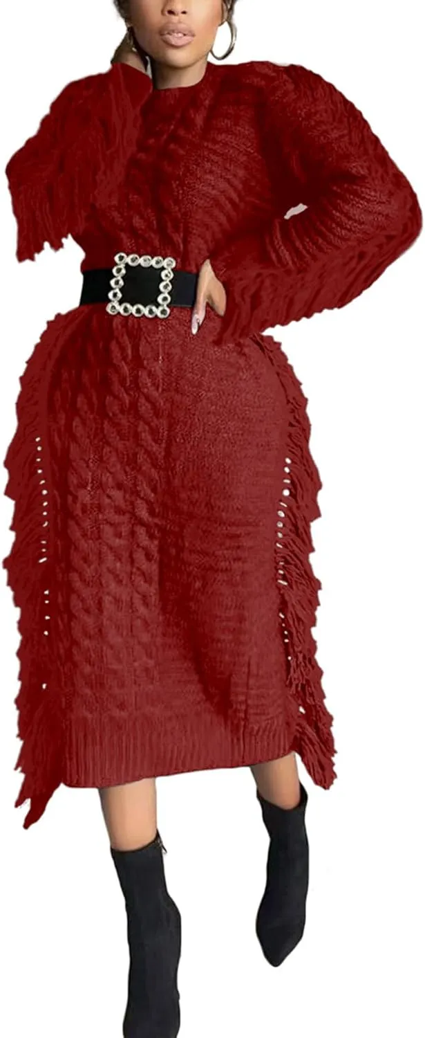 Sexyshine Women's Cable Knit Fringe Sweater Dress Long Sleeve Round Neck Tassel Trim A Line Midi Sweater Dresses