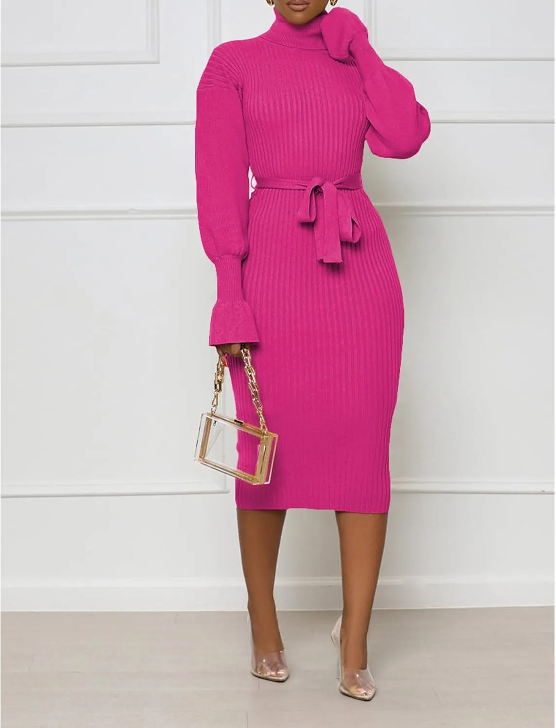 Sexyshine Women's Long Sleeve High Neck Sweater Dress Ribbed Knit Turtleneck A Line Midi Sweater Dress with Belt