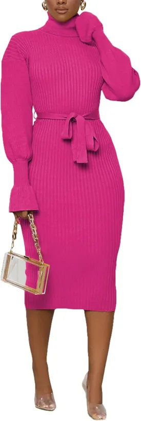 Sexyshine Women's Long Sleeve High Neck Sweater Dress Ribbed Knit Turtleneck A Line Midi Sweater Dress with Belt