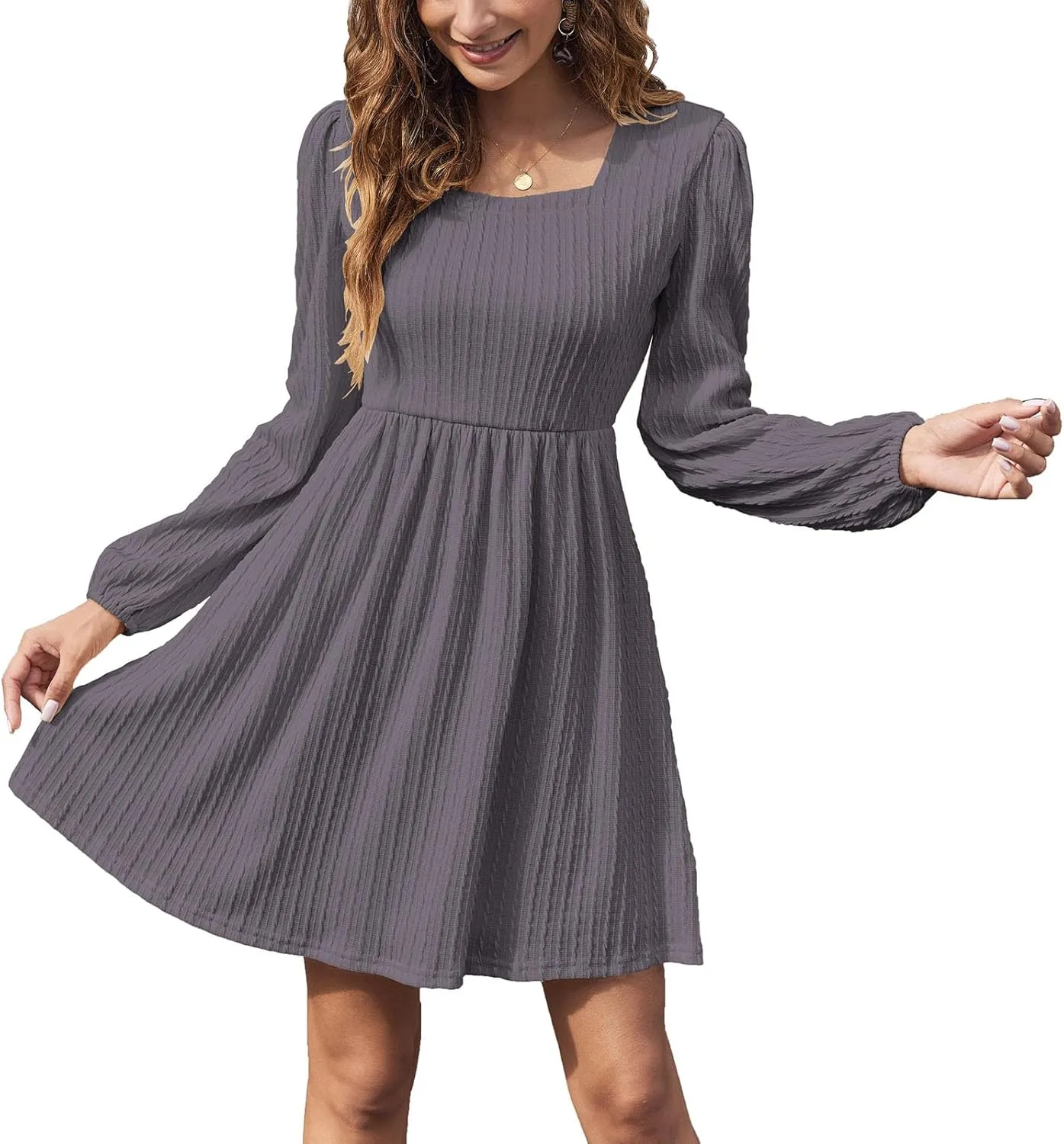Sherosa Womens Long Sleeve Knit Dress Square Neck Knee Length Casual Babydoll Fall Dresses 2023
