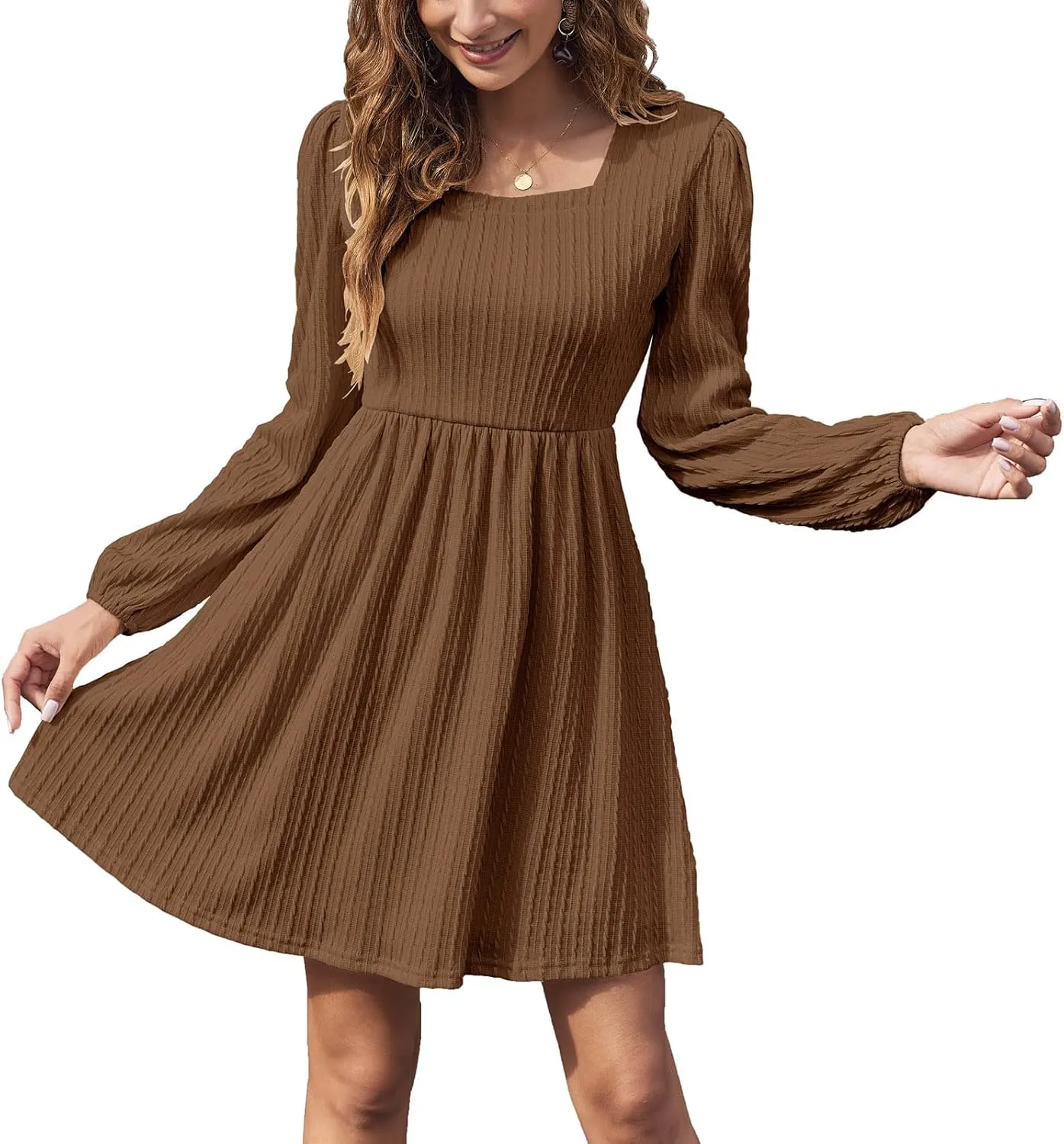 Sherosa Womens Long Sleeve Knit Dress Square Neck Knee Length Casual Babydoll Fall Dresses 2023