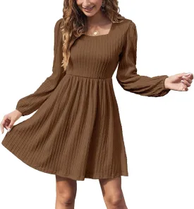 Sherosa Womens Long Sleeve Knit Dress Square Neck Knee Length Casual Babydoll Fall Dresses 2023