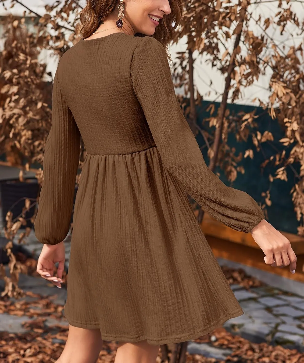 Sherosa Womens Long Sleeve Knit Dress Square Neck Knee Length Casual Babydoll Fall Dresses 2023