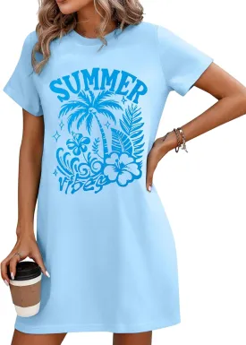 Summer Dresses for Women Beach Tshirt Dress Coconut Tree Graphic Tops A Line Dress Casual Short Sleeve Top