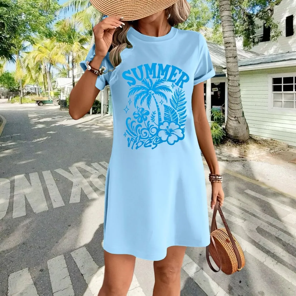 Summer Dresses for Women Beach Tshirt Dress Coconut Tree Graphic Tops A Line Dress Casual Short Sleeve Top