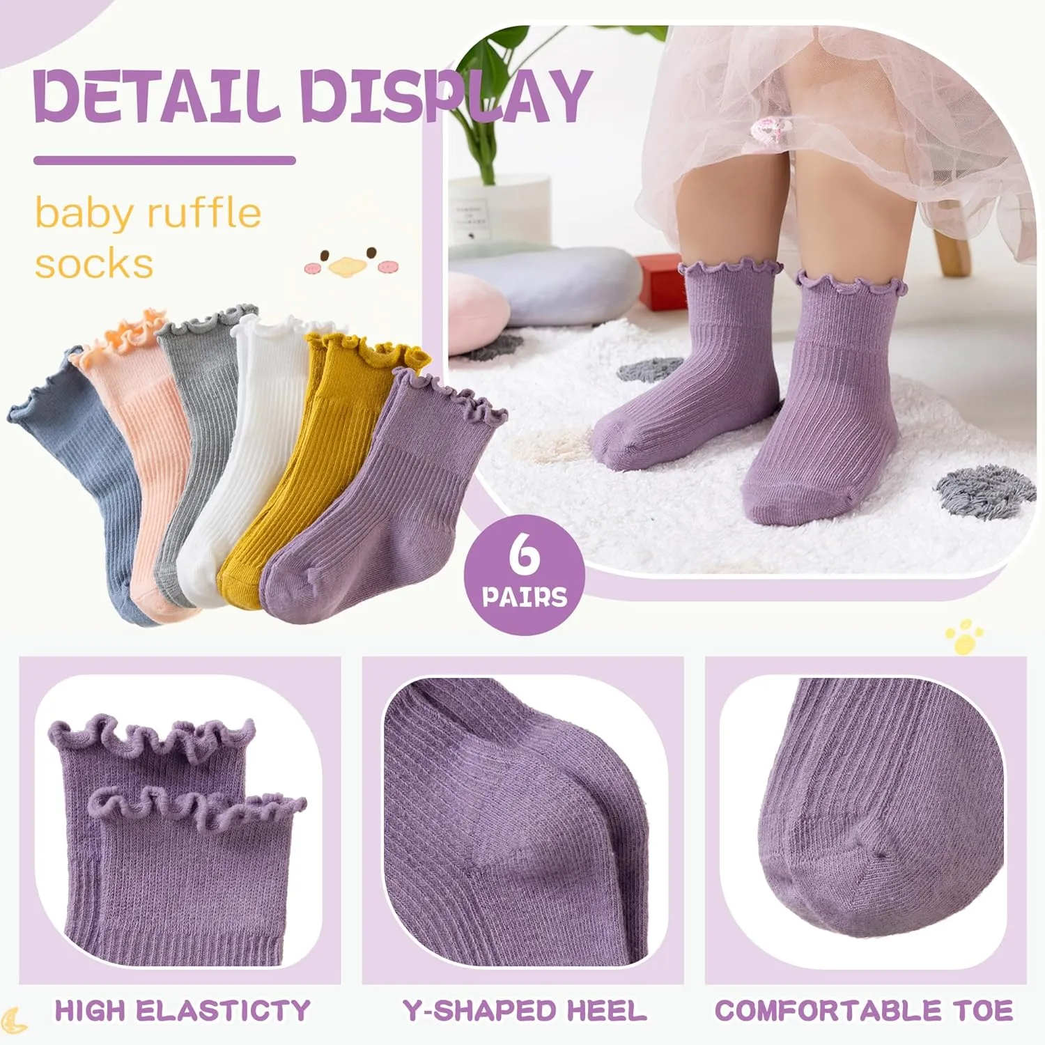 Velice Baby Girls Ruffle Socks Infant Toddler Girls Frilly Dress Cute Crew Socks 6 Pairs