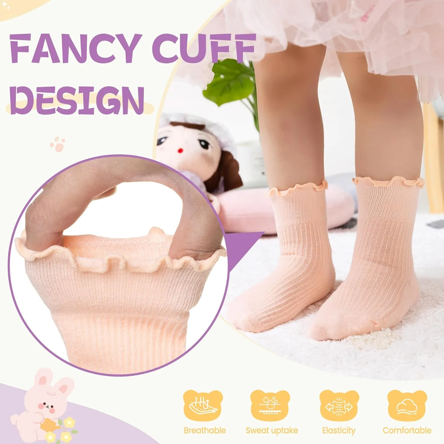 Velice Baby Girls Ruffle Socks Infant Toddler Girls Frilly Dress Cute Crew Socks 6 Pairs