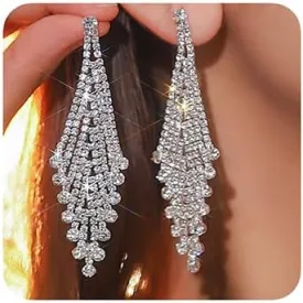 Women Christmas Silver Rhinestone Earrings Dangling for Women Chandelier Statement Tassel Earrings Sparkly Drop Crystal Earrings Long Dangle Earrings for Women