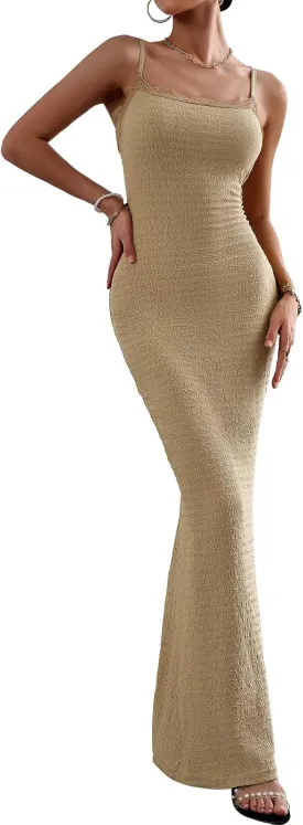 Women's Casual Slip Long Dress Lace Square Neck Solid Sexy Sleeveless Bodycon Maxi Dress