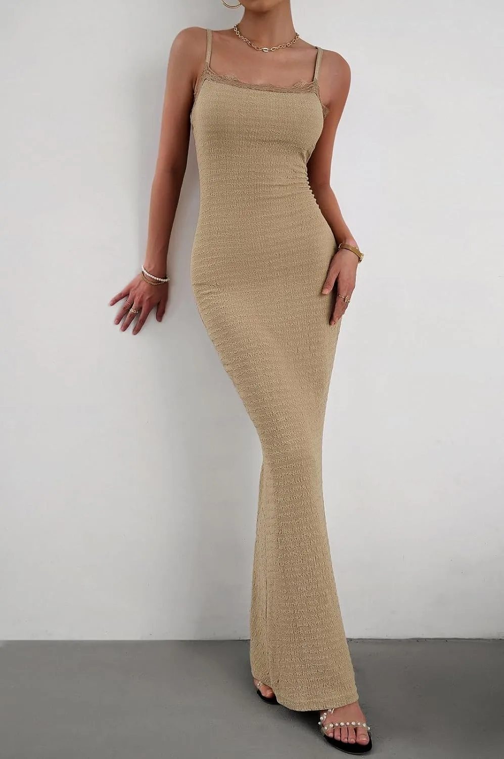 Women's Casual Slip Long Dress Lace Square Neck Solid Sexy Sleeveless Bodycon Maxi Dress