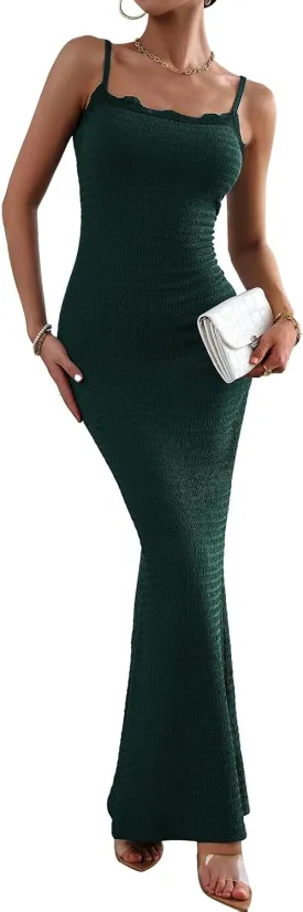 Women's Casual Slip Long Dress Lace Square Neck Solid Sexy Sleeveless Bodycon Maxi Dress
