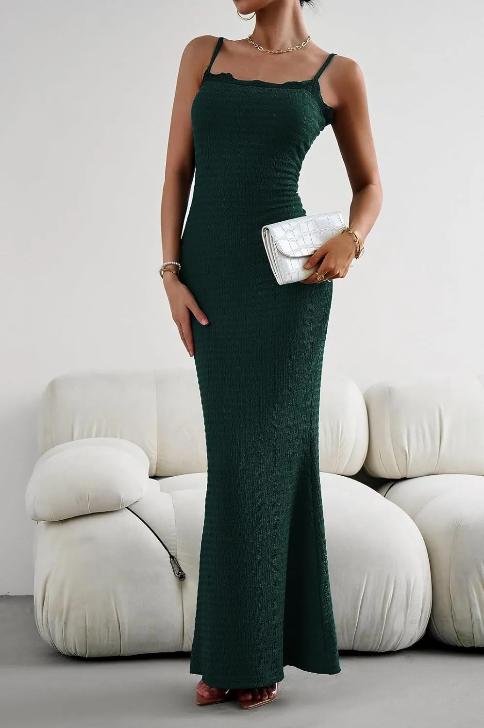 Women's Casual Slip Long Dress Lace Square Neck Solid Sexy Sleeveless Bodycon Maxi Dress