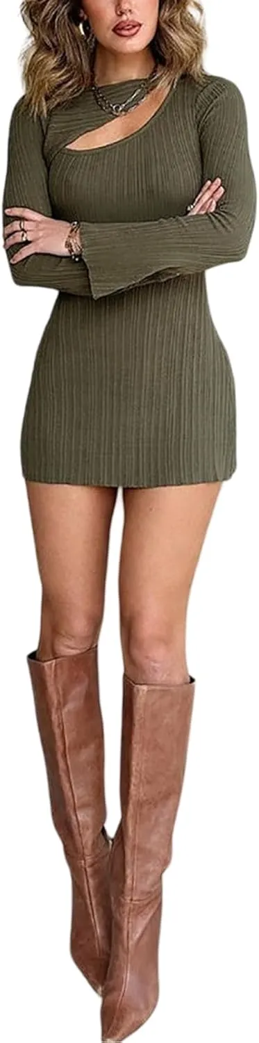 Womens Long Sleeve Sweater Dress Sexy Cut Out Bodycon Mini Fall Dresses Trendy Ribbed Knit Ladies Winter Sweater