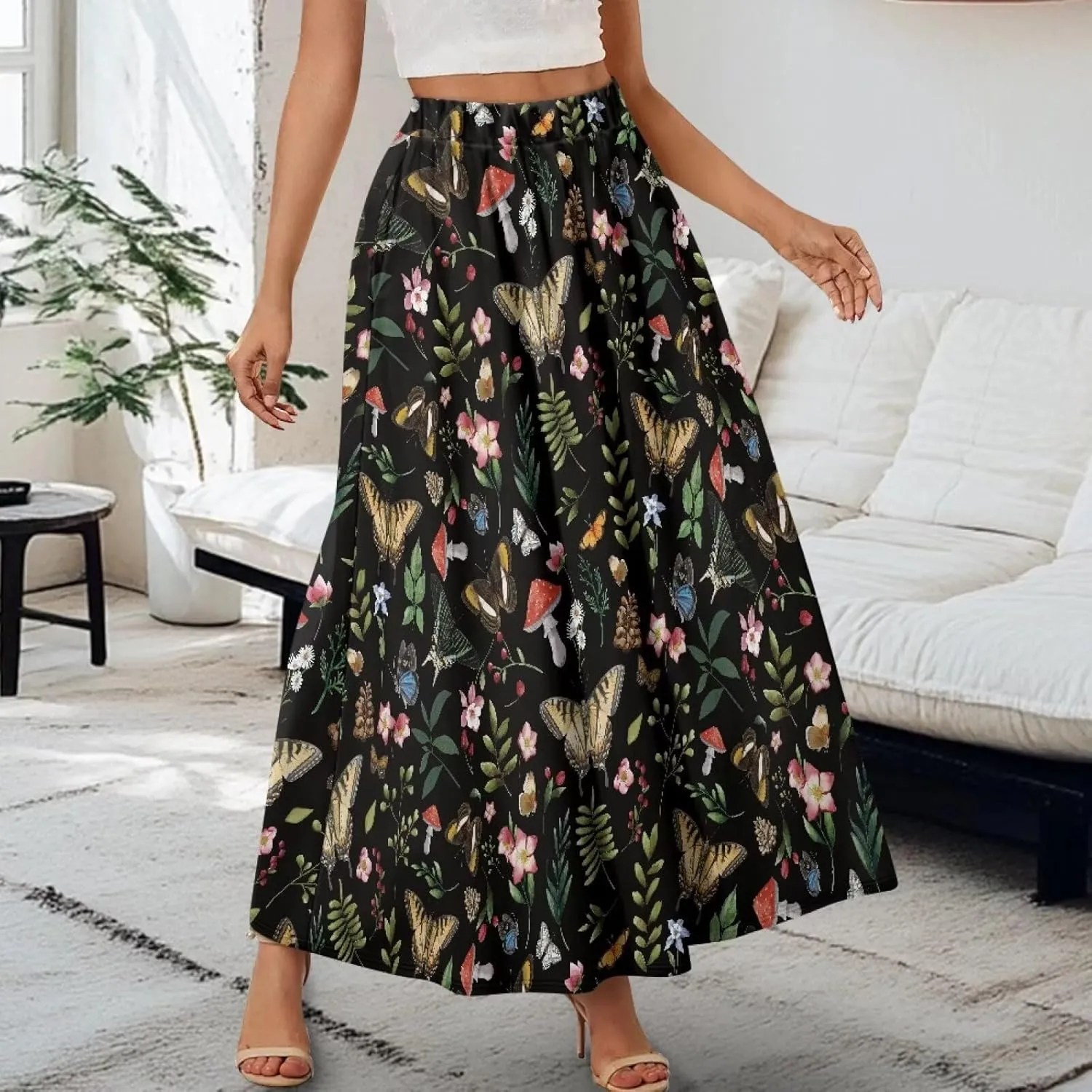 Women's Maxi High Waist Pleated Skirt Casual Long Skirts Ankle Length Flowy Swing Party Skirt with Pockets