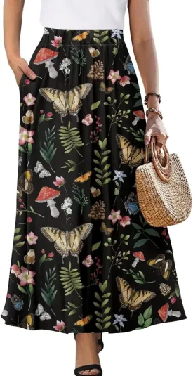 Women's Maxi High Waist Pleated Skirt Casual Long Skirts Ankle Length Flowy Swing Party Skirt with Pockets