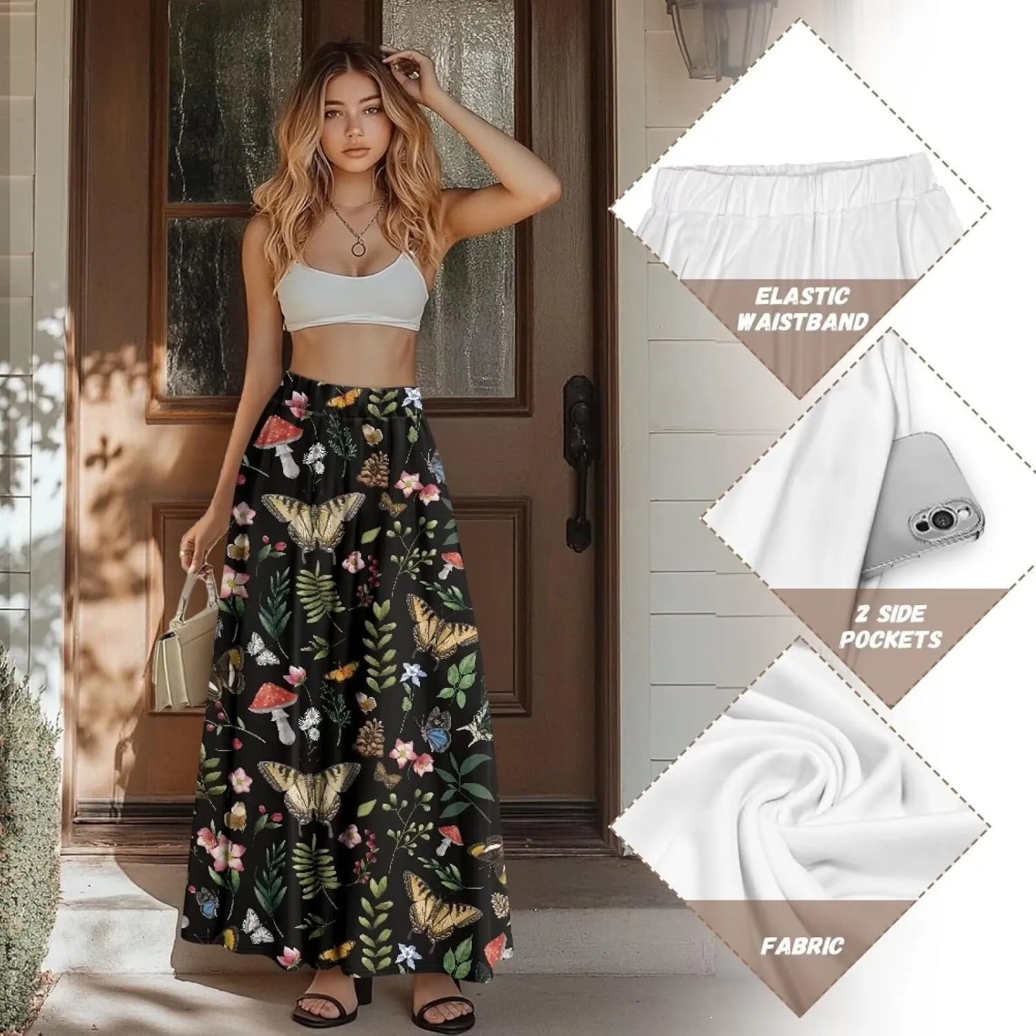 Women's Maxi High Waist Pleated Skirt Casual Long Skirts Ankle Length Flowy Swing Party Skirt with Pockets