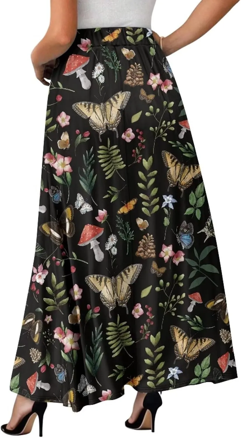 Women's Maxi High Waist Pleated Skirt Casual Long Skirts Ankle Length Flowy Swing Party Skirt with Pockets