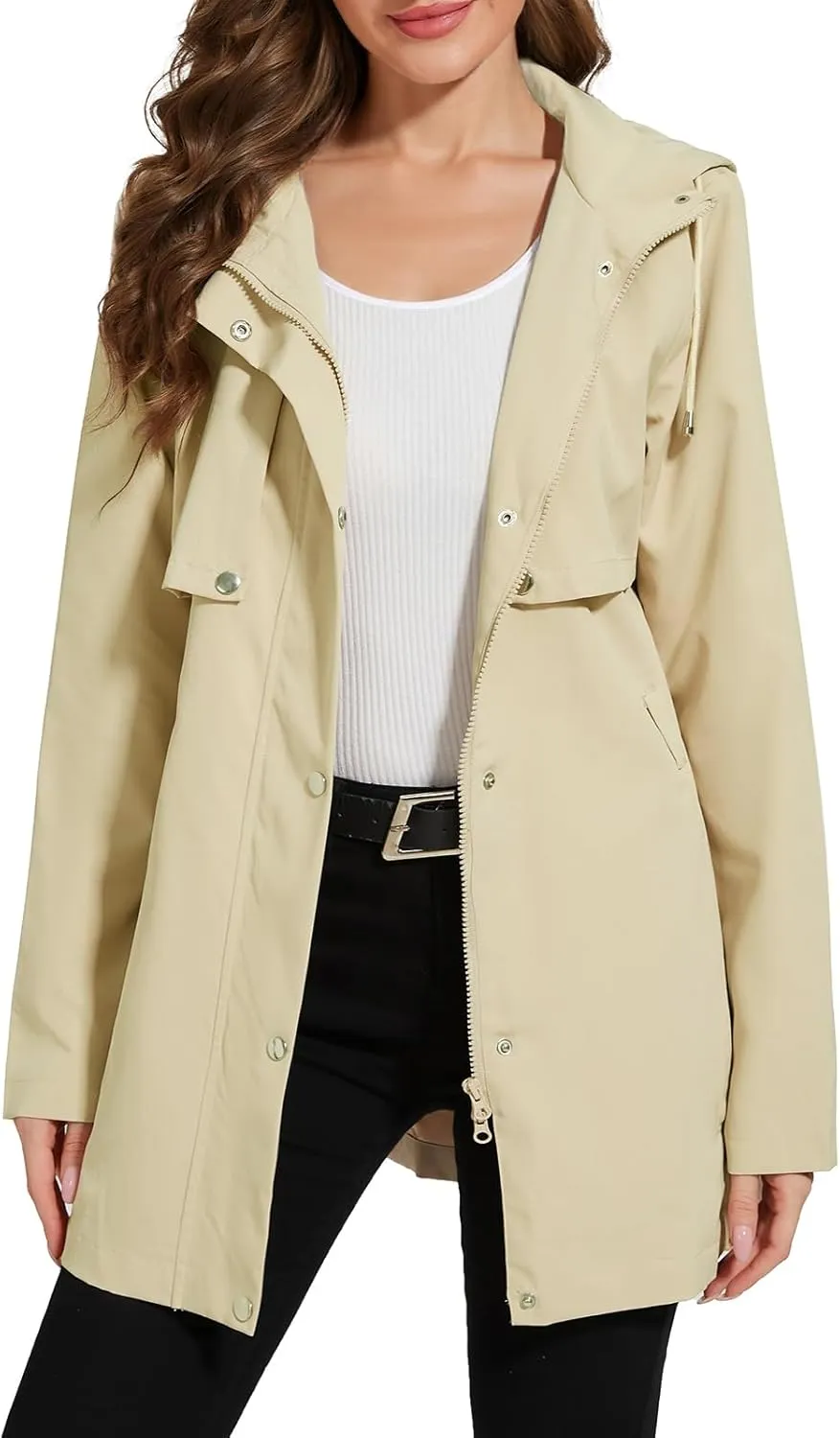 Womens Rain Jacket with Hood, Long Rain Coat for Women Waterproof Trench Coat Lined Windbreaker Fall Jacket
